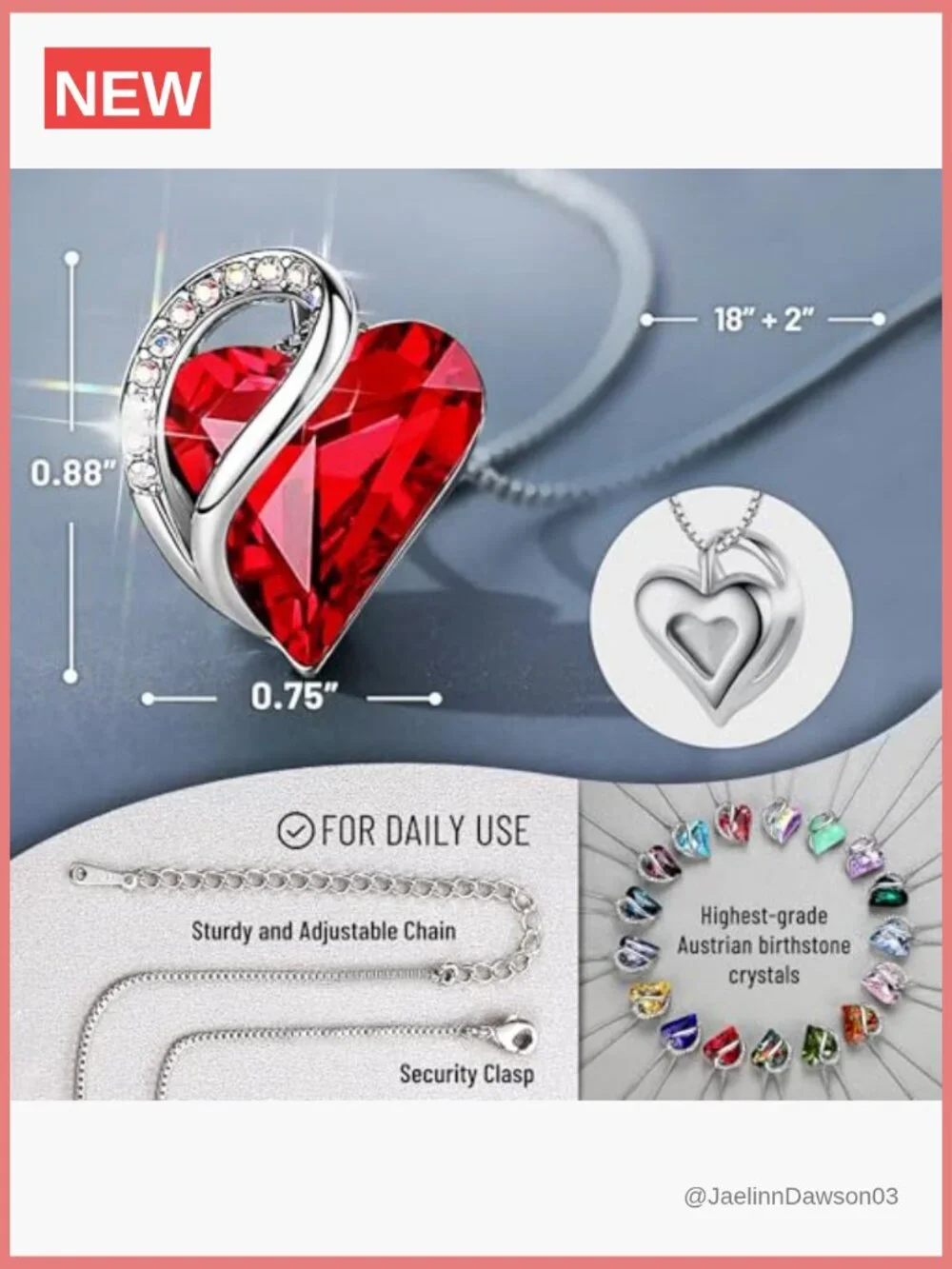 Infinity Love Heart Pendant Necklace, Birthstone Crystal, 18